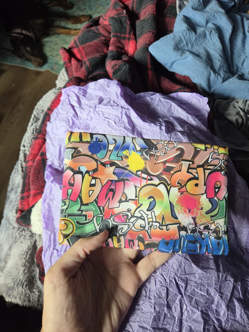ipsy Multicolor Graffiti Print Makeup Bag with Purple Zipper